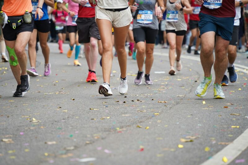 a group of people running